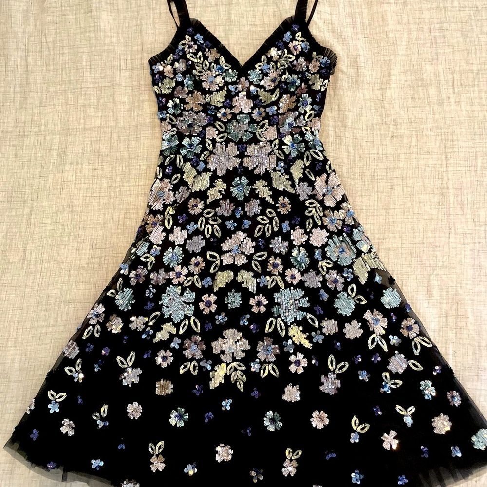 Rare! NEEDLE & THREAD Sequenced wildflowers A- Frame dress. NWT. Stunning Dress!